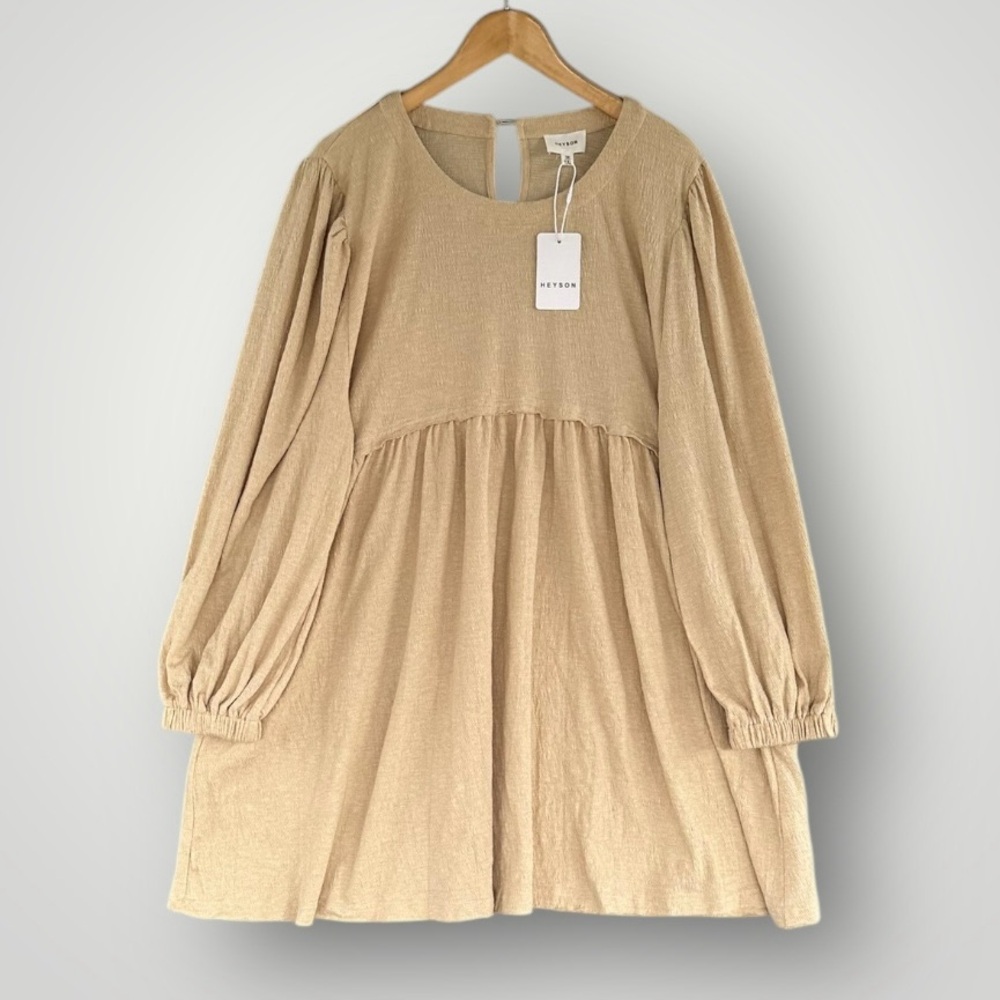 Beige Long Sleeve Babydoll Dress